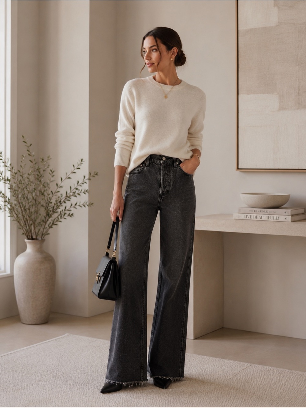 Aritzia Denim Forum Charcoal Wide Leg Jeans 23 High Rise Raw Hem